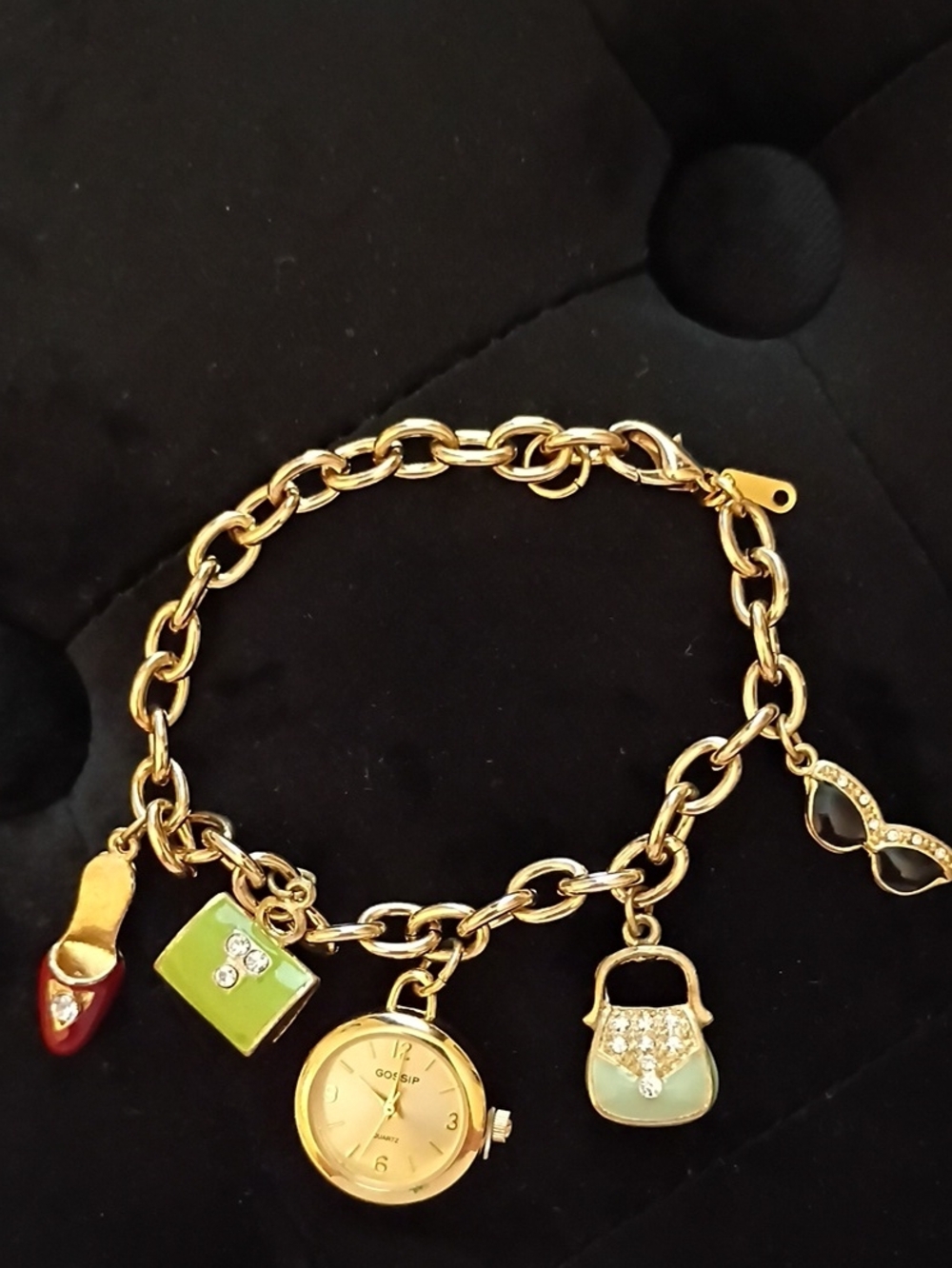 Gossip Gold-Tone Charm Bracelet Watch with Green and Red Accents